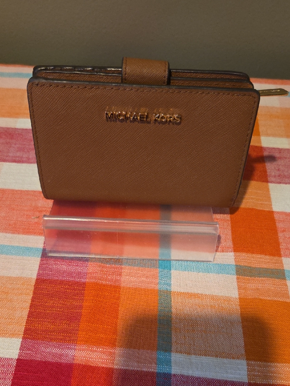 Michael Kors Tan Saffiano Leather Compact Wallet with Gold Logo